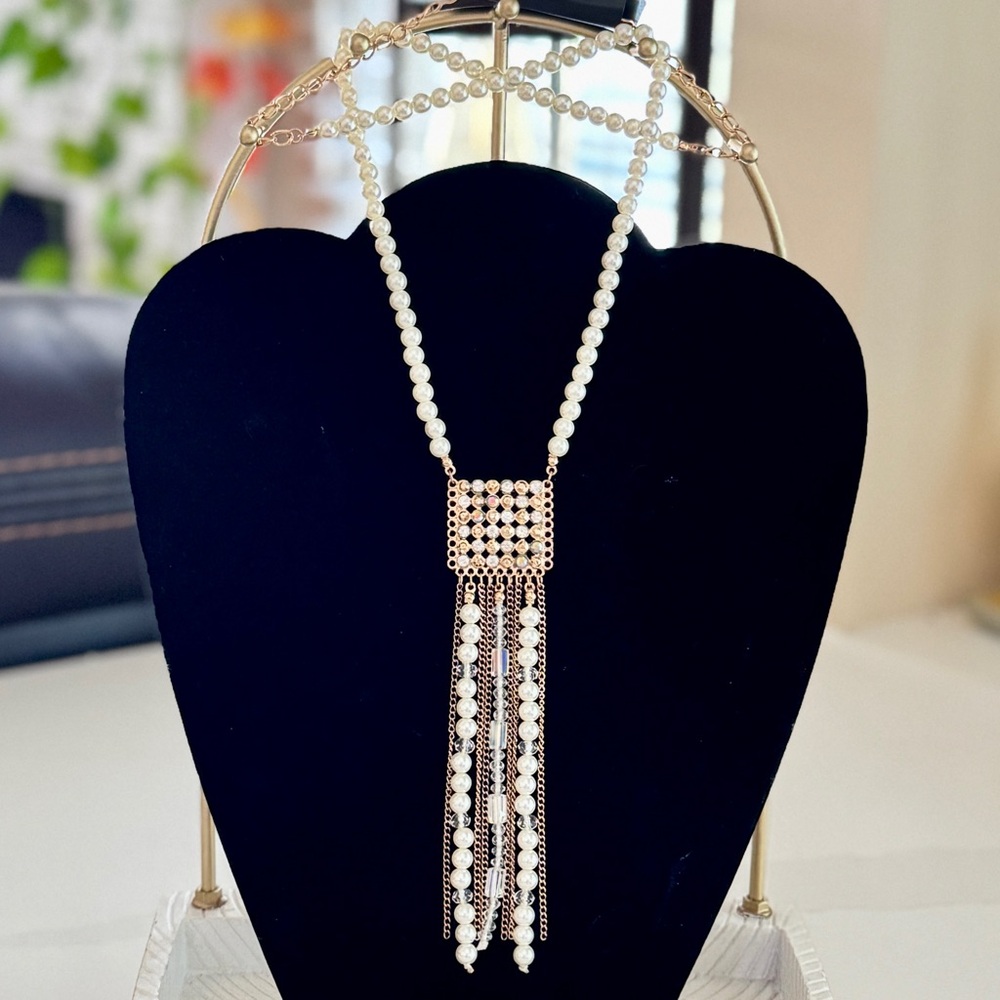 Elegant Faux Pearl, Rhinestone and Gold Tone Long Necklace